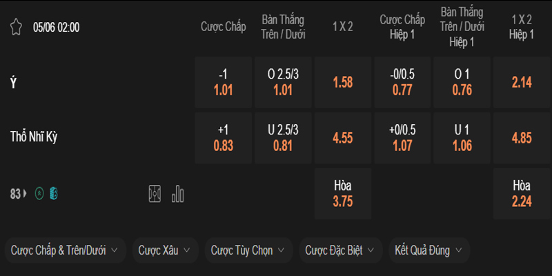 Kèo cược trận đấu Ý vs Thổ Nhĩ Kỳ